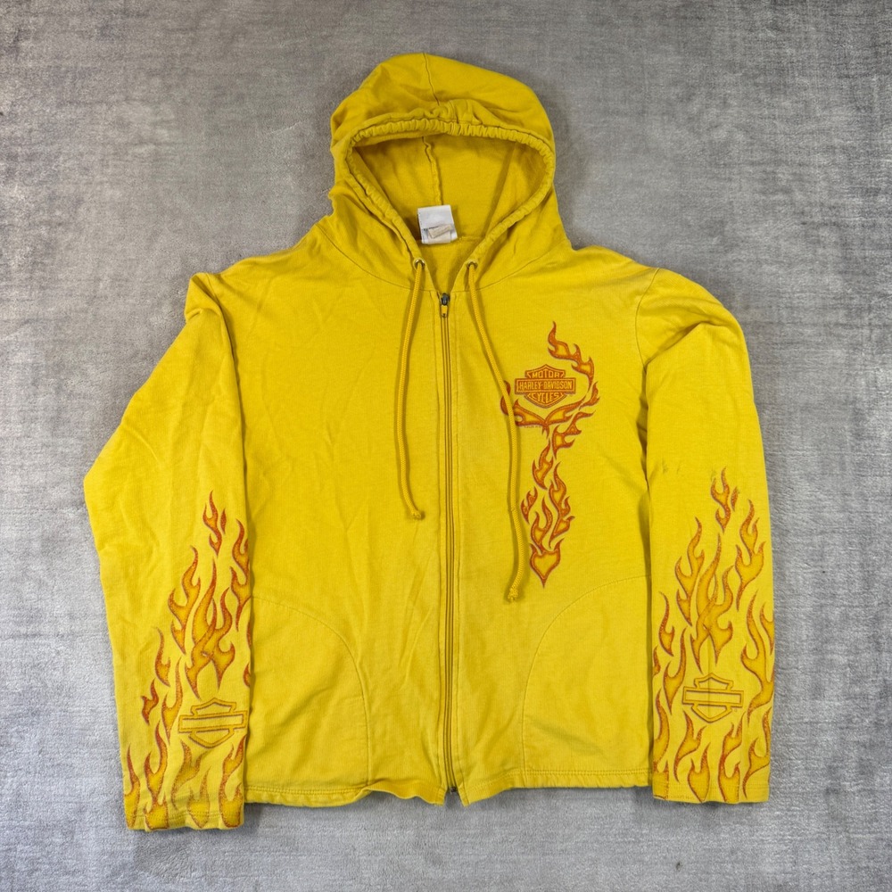 Harley Davidson Hoodie Womens XL Yellow Flame Sleeve Full Zip Y2K 2005 USA Made
